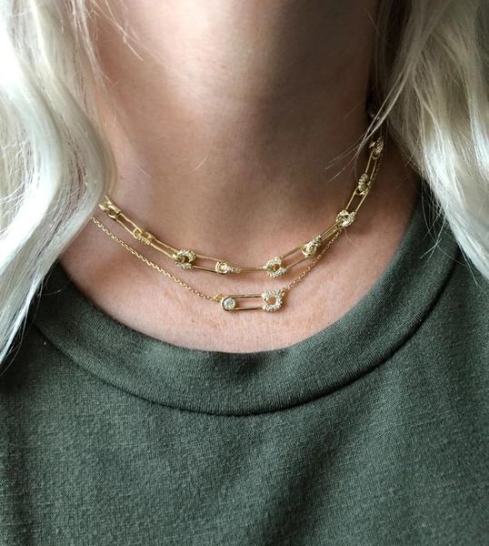 2020 drop shipping gold plated micro pave cz safety pin link chain choker necklace 32+8cm for women girls unique fashion jewelry, Silver